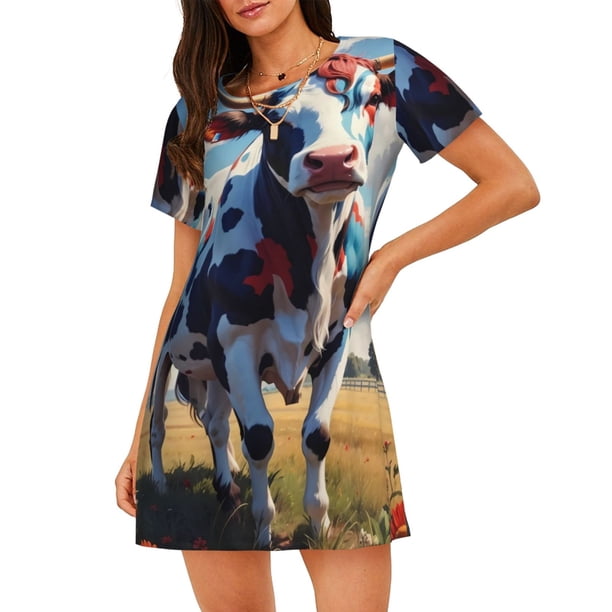 Balery Colorful Cow Pasture Camisón de manga corta con cuello redondo para mujer, cómodo y elegante.