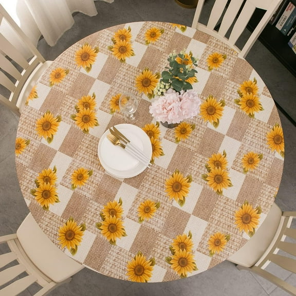 Round Vinyl Fitted Tablecloth with Flannel Backing Elastic Table Cloth Waterproof Oil-Proof Plastic Cover- Fits Tables up to 40" - 44" Diameter