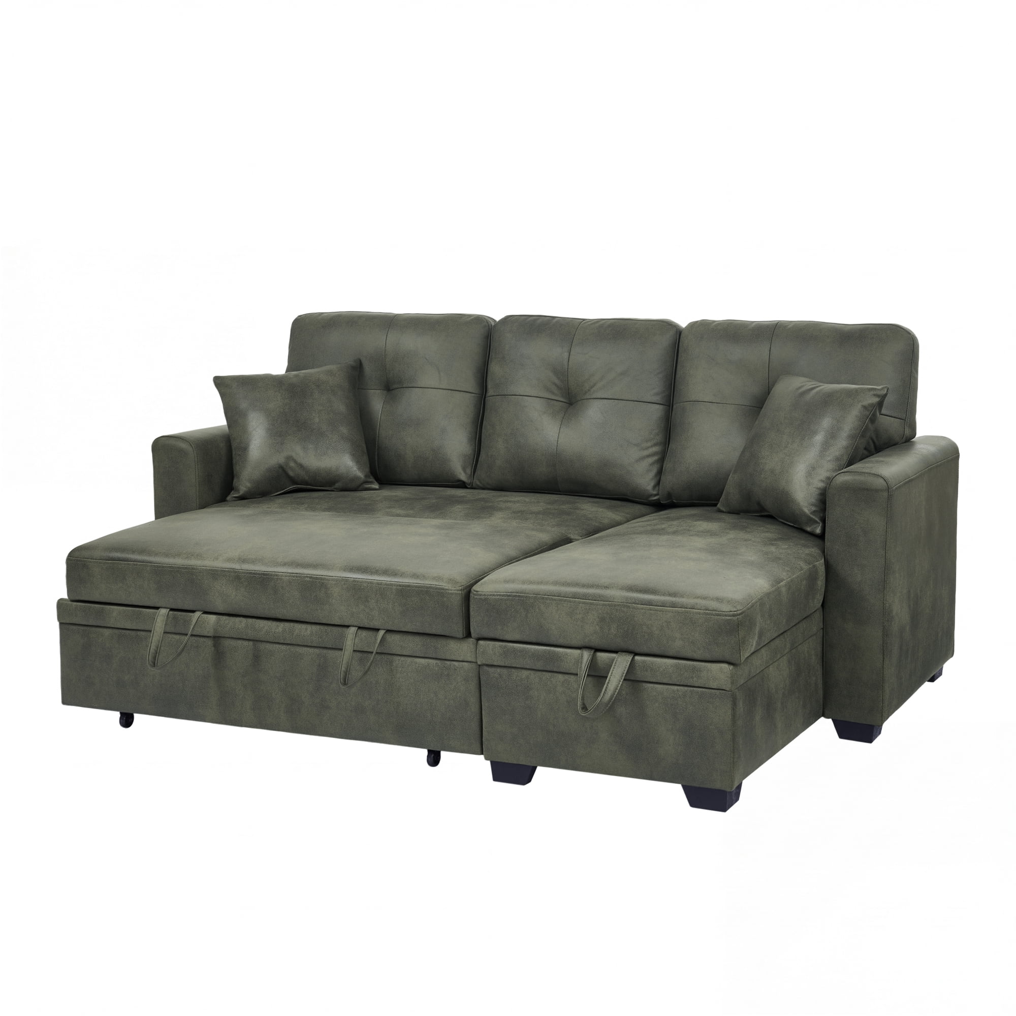 Leumius L Shaped Sectional Sofa with Pull Out Bed and Storage Chaise, 3 Seater Sectional Couch Convertible Sofa Bed for Small Space, Apartment & Guest Room, Olive Green