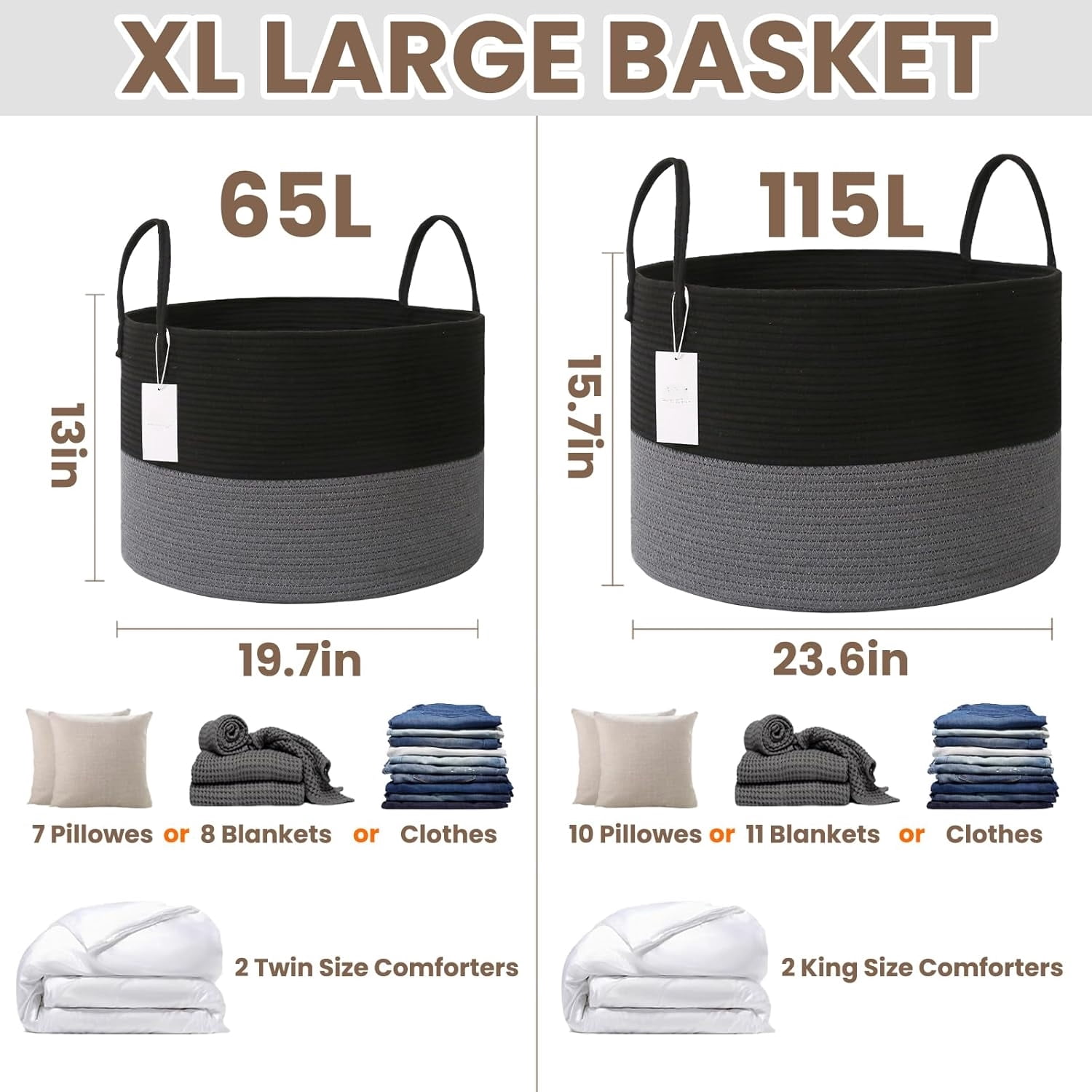 115L Extra Large Oatmeal Woven Cotton Rope Blanket Basket & Laundry Hamper with Reinforced Handles, Machine Washable Storage Bin for Pillows, Comforters & Toys, Perfect for Living Room