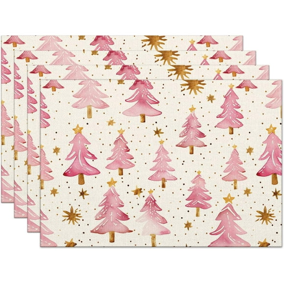 Juego de Manteles Individuales de Navidad, Set de 4, 12x18 Pulgadas, Rosas, Árboles de Feliz Navidad, Manteles Individuales Resistentes Al Calor, Decoraciones de Mesa de Invierno de Temporada para