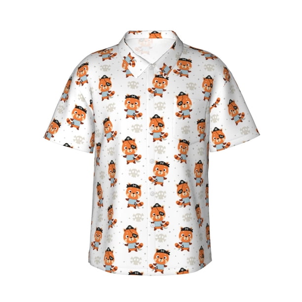Fotbe Cute Little Pirate Red Panda Camisa Hawaiana para Hombre Unisex – Camisa Casual de Verano con Botones de Manga Corta de Algodón y Lino,XX-Large
