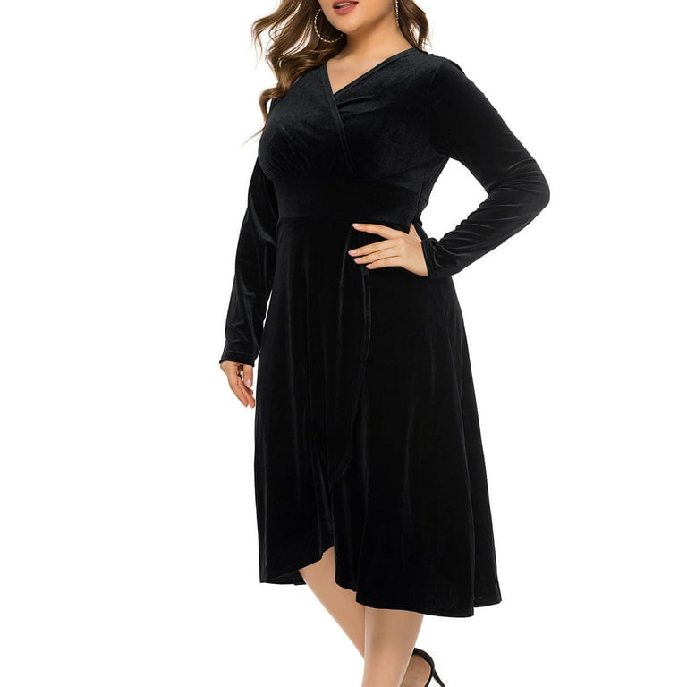 Meichang Womens Plus Size Velvet Dresses V Neck Wrap Long Sleeve A