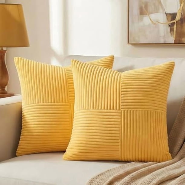 Chenchen 2 Packs Yellow Decorative Throw Pillow Covers 18x18 Inch for Living Room Couch Bed, Rustic Farmhouse Boho Home Decor, Soft Corss Corduroy Patchwork Textured Square Cushion Case 45x45 cm