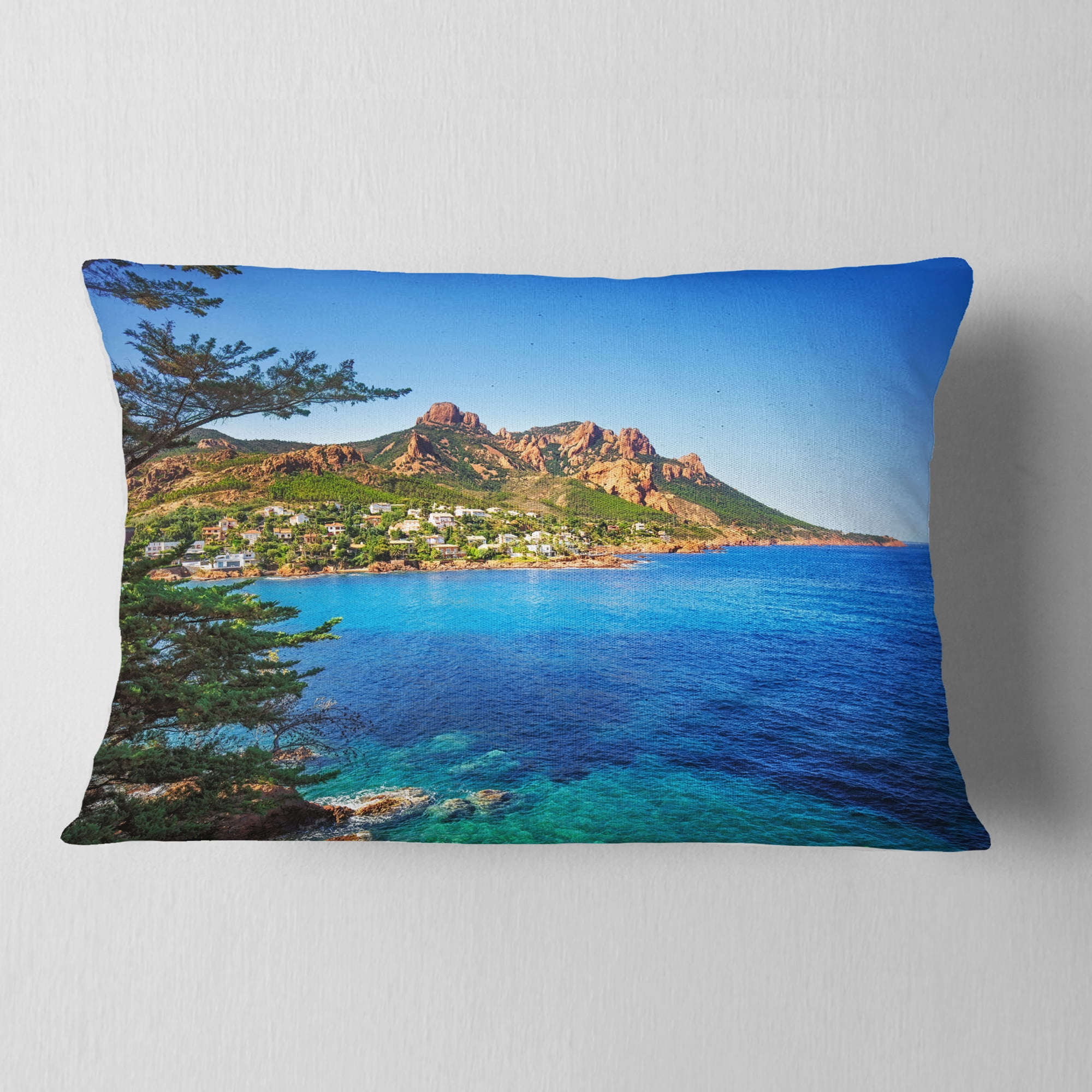 Designart Esterel Rocks Beach Coast in Blue - Seashore Throw Pillow - 12x20