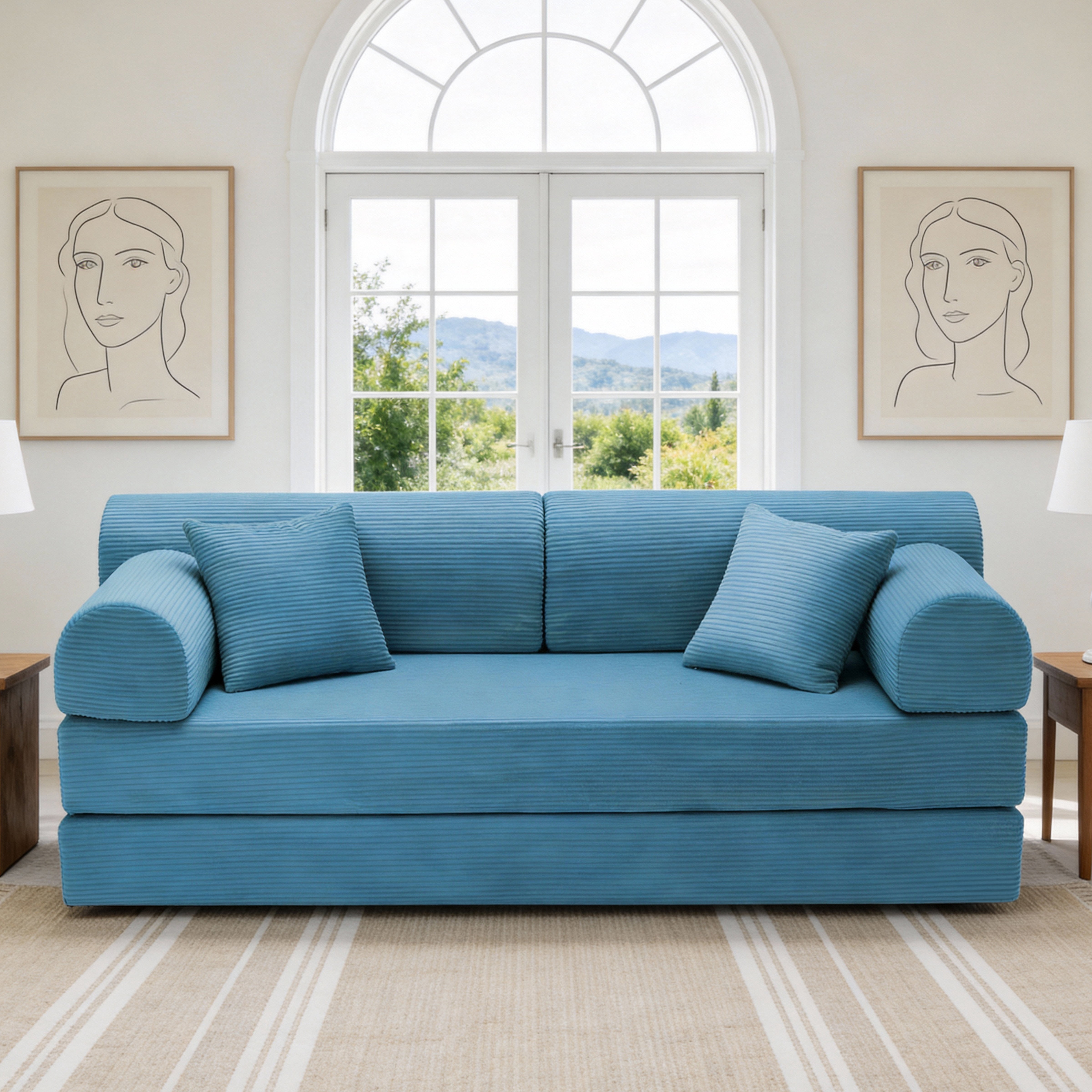 Leumius 79" Convertible Futon Sofa Bed, Boneless Couch for Living Room, Corduroy Folding Mattress Couch with Fixed-Shape Frame, Floor Sofa Lounge Couch with 2 Pillows, No Assembly,Light Blue