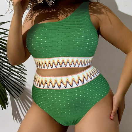 OSFVNOXV Womens Plus Size One Shoulder Swimsuits 2 Piece Push Up Bralette Seamless Bohemian High-Cut Swimwear Bathing Suit Bottom First Mothers Day Gift for New Mom Deals  XL-4XL