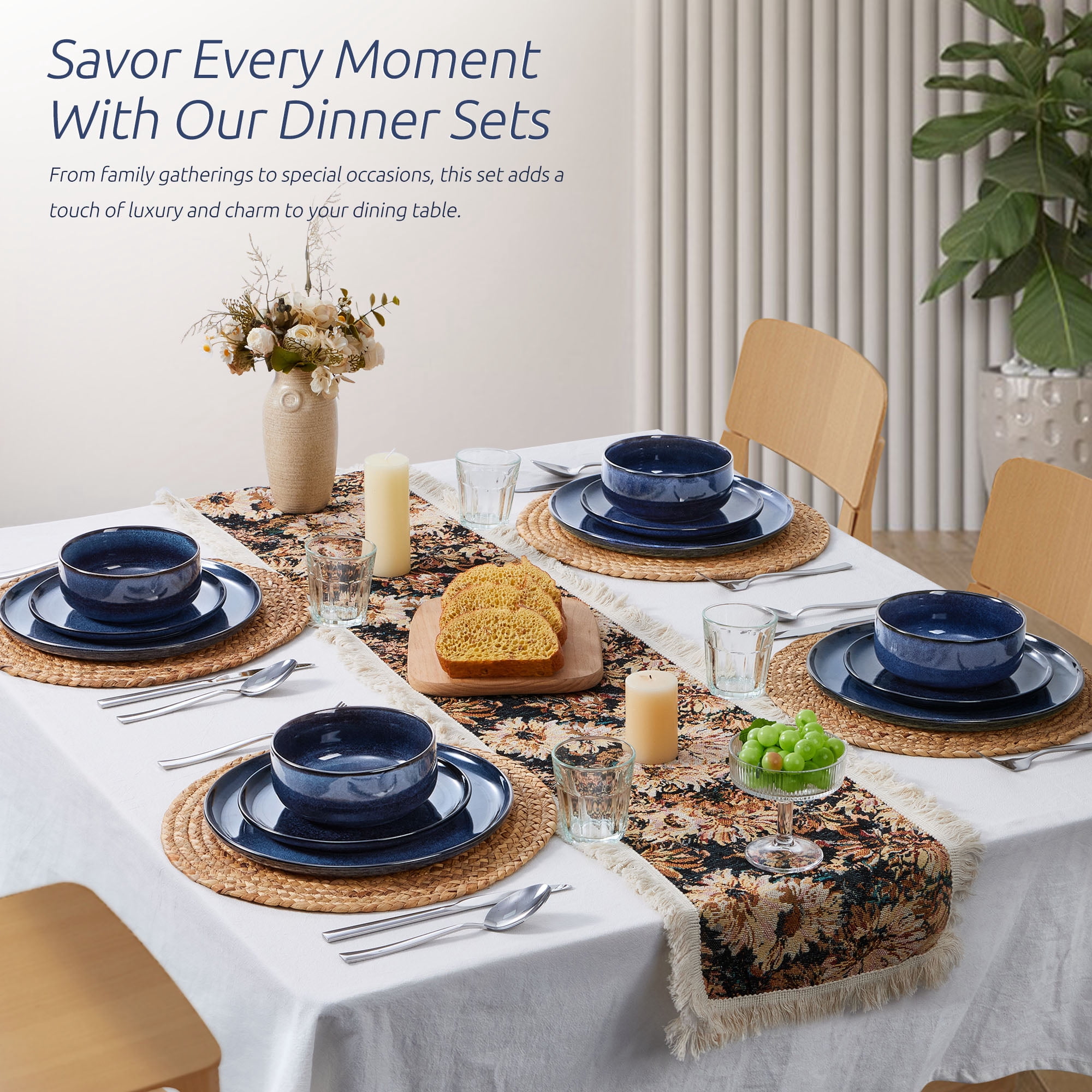 Onader, 12 Piece Stoneware Dinnerware Set for 4, Speckled Sky Blue
