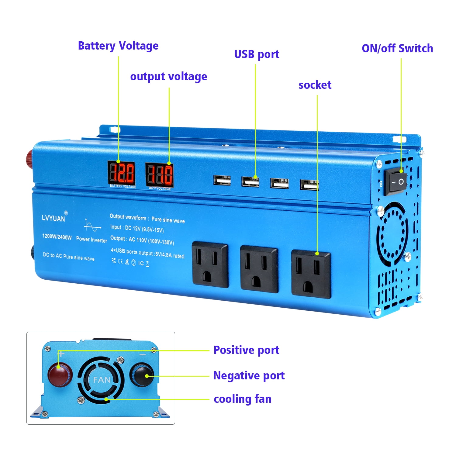 LVYUAN 1200W 2400W Peak Pure Sine Wave Power Inverter 12V to 110V DC to AC Converter with LED Display, 3 US Outlets, 4 USB, Ideal for Vehicles, RVs, Outdoor & Home Use