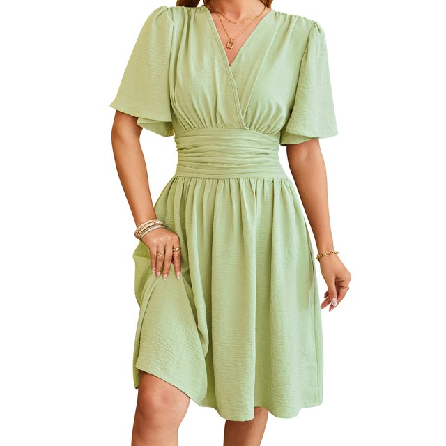 Honganda Robe Midi Femme Couleur Unie Manches Courtes Col en V Robe Été Mode Décontractée Robe Trapèze