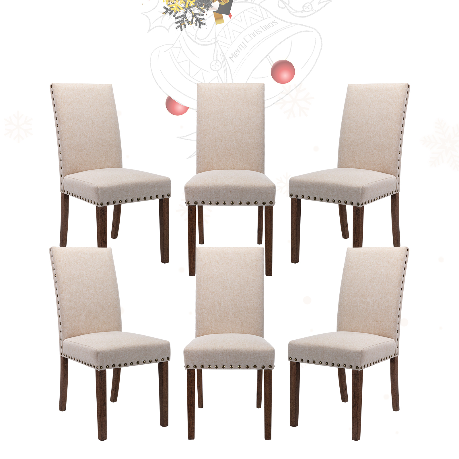 Nailhead Trim Dining Chairs Set of 6,Beige Upholstered Linen Parsons