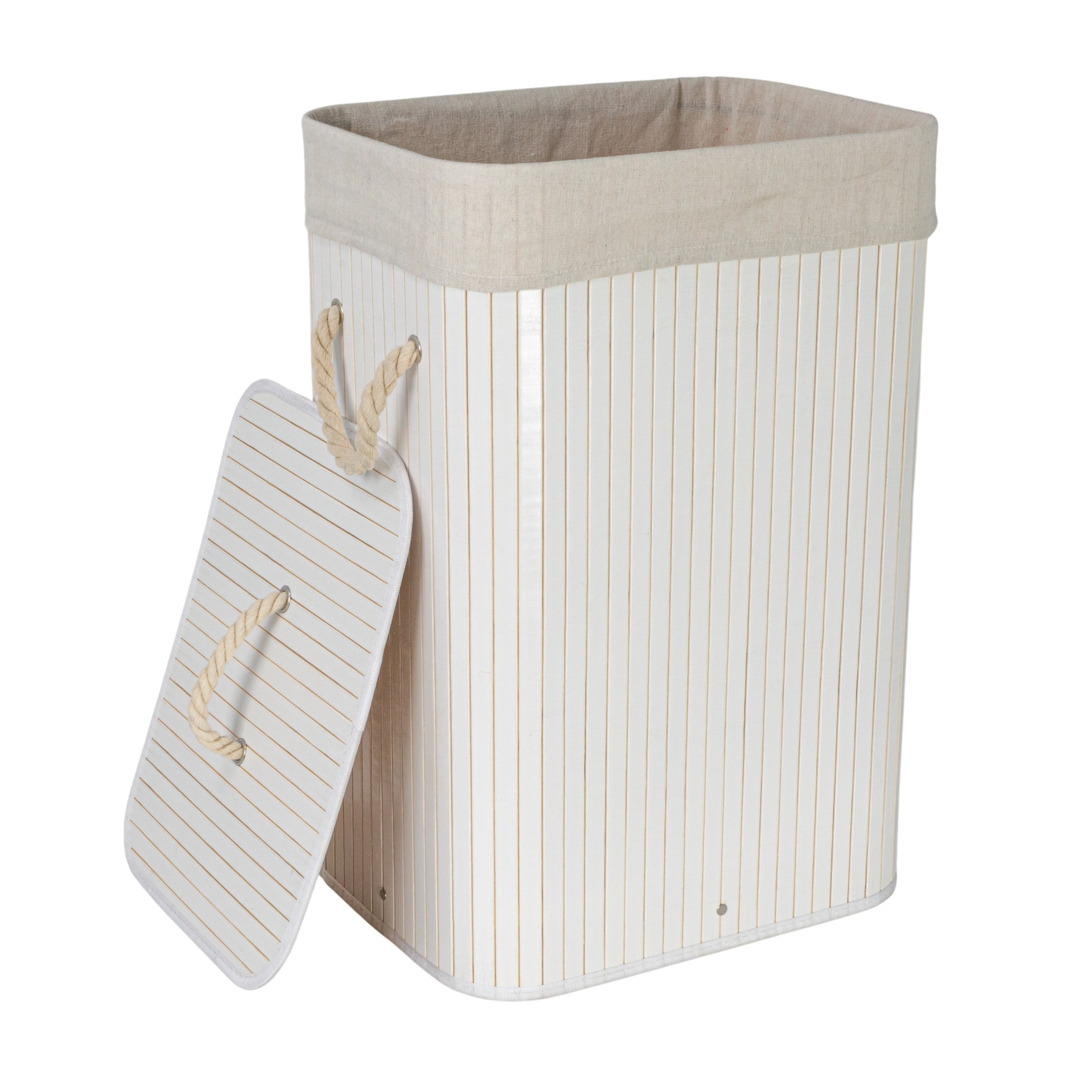Household Essentials Bamboo Laundry Hamper with Rope Handles, Lid and Removable Machine Washable Laundry Bag, 19-Gallons, White