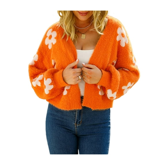 hirigin Women Crochet Cardigan, Flower Pattern Long Balloon Sleeves Open Front Sweater, S/M/L/XL