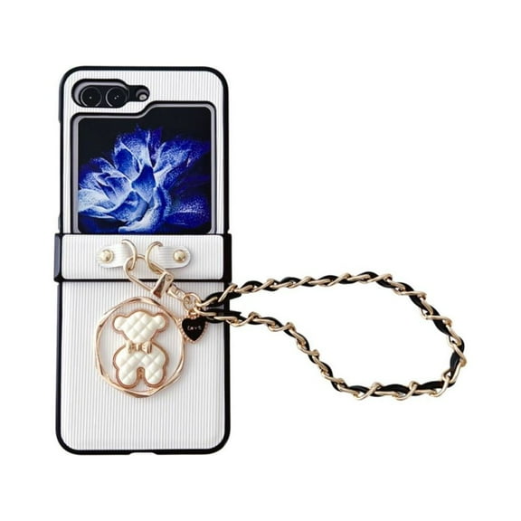 Compatible with Samsung Galaxy Z Flip 5 Cute Bear Case with Lanyard Shockproof Case for Women Girls-White