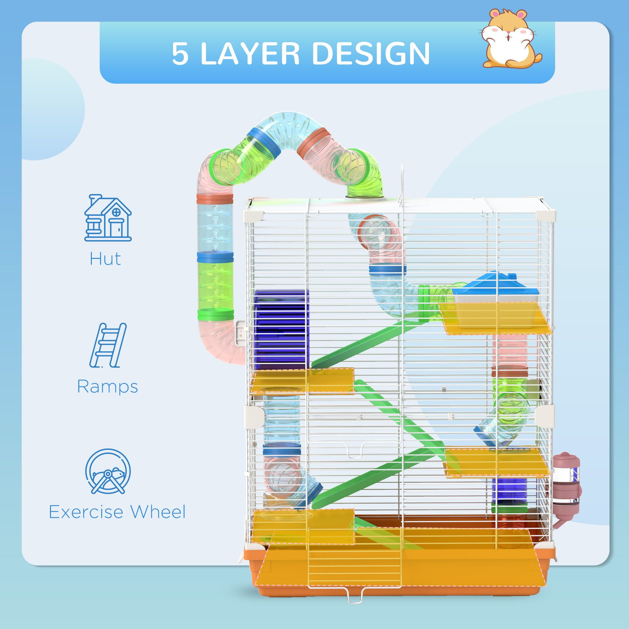 18" 5-Tier Hamster Cage with Portable Carry Handle, Tubes and Tunnels, Includes Water Bottle, Food Dish & Exercise Wheel, Orange