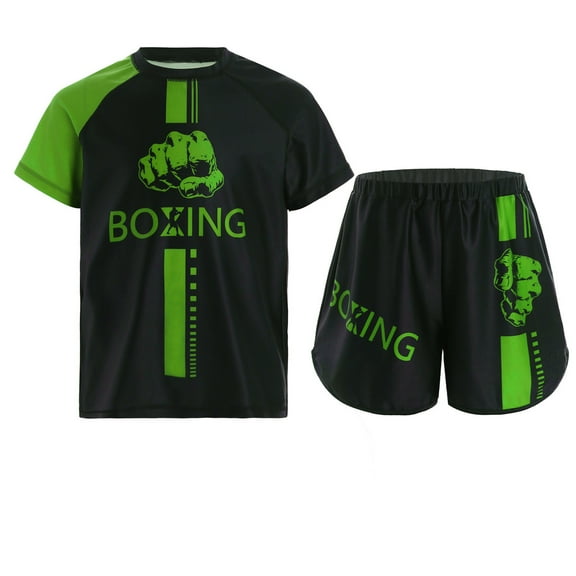 TiaoBug Kids Boys Printed Boxing Outfits Short Sleeve Sports Shirts with Muay Thai Boxer Shorts Set Green 6