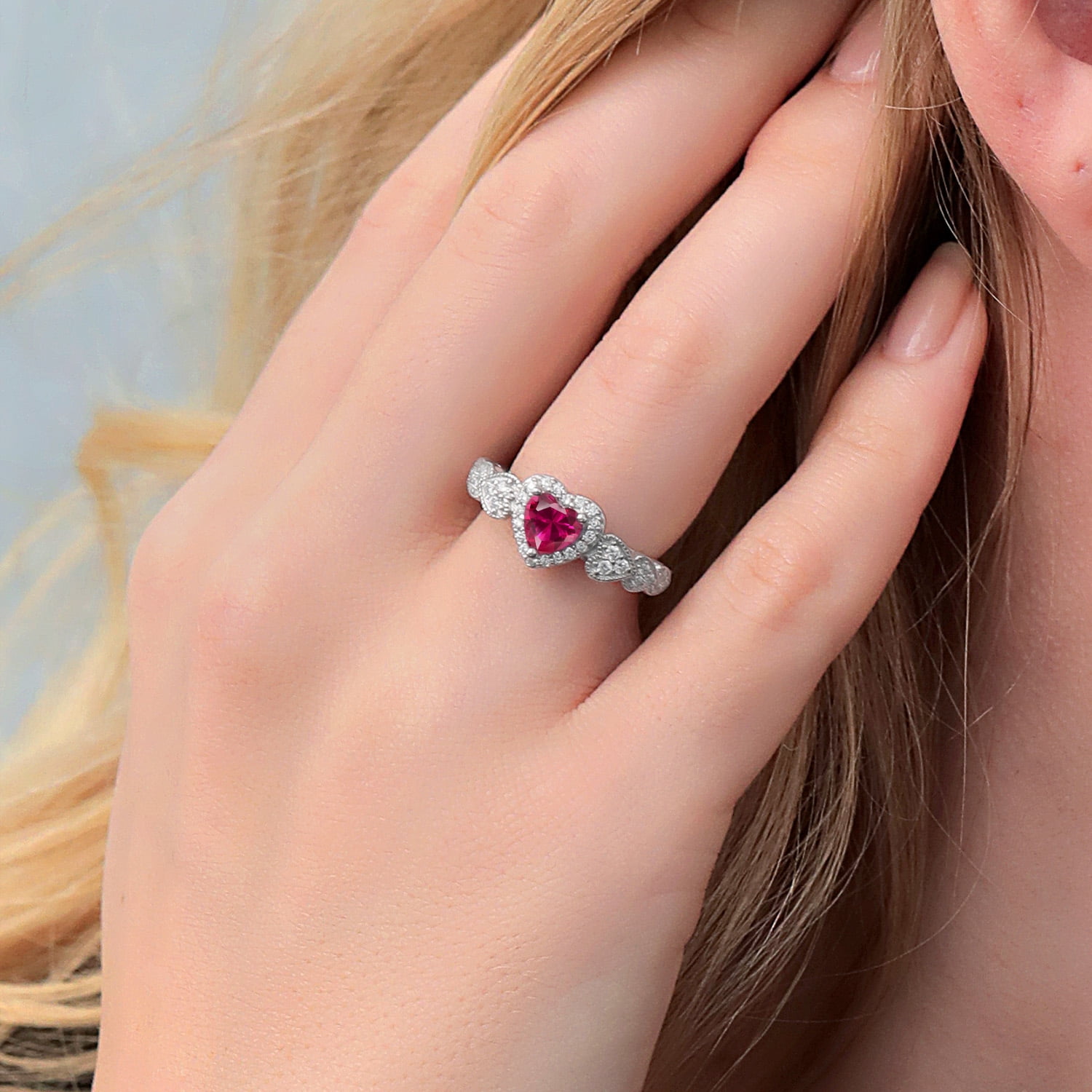 Gem Stone King 925 Sterling Silver Red Created Ruby Engagement Ring for Women (1.39 Cttw, Heart Shape 6MM, Available in Size 5, 6, 7, 8, 9)