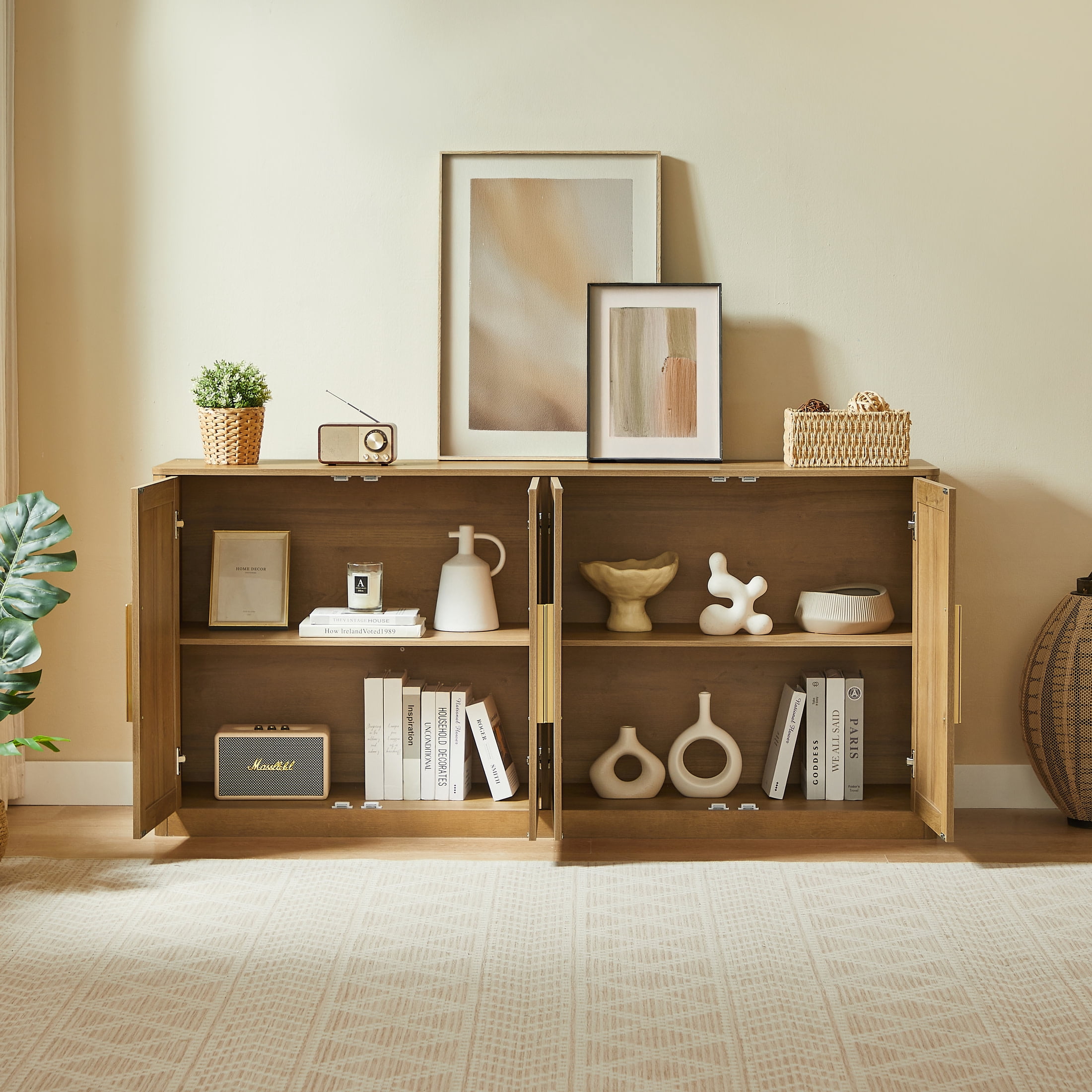 Noble House Prado 67" Rattan 4-Door Buffet Cabinet, Boho Sideboard Credenza with Gold Handles for Living Room, Caramel