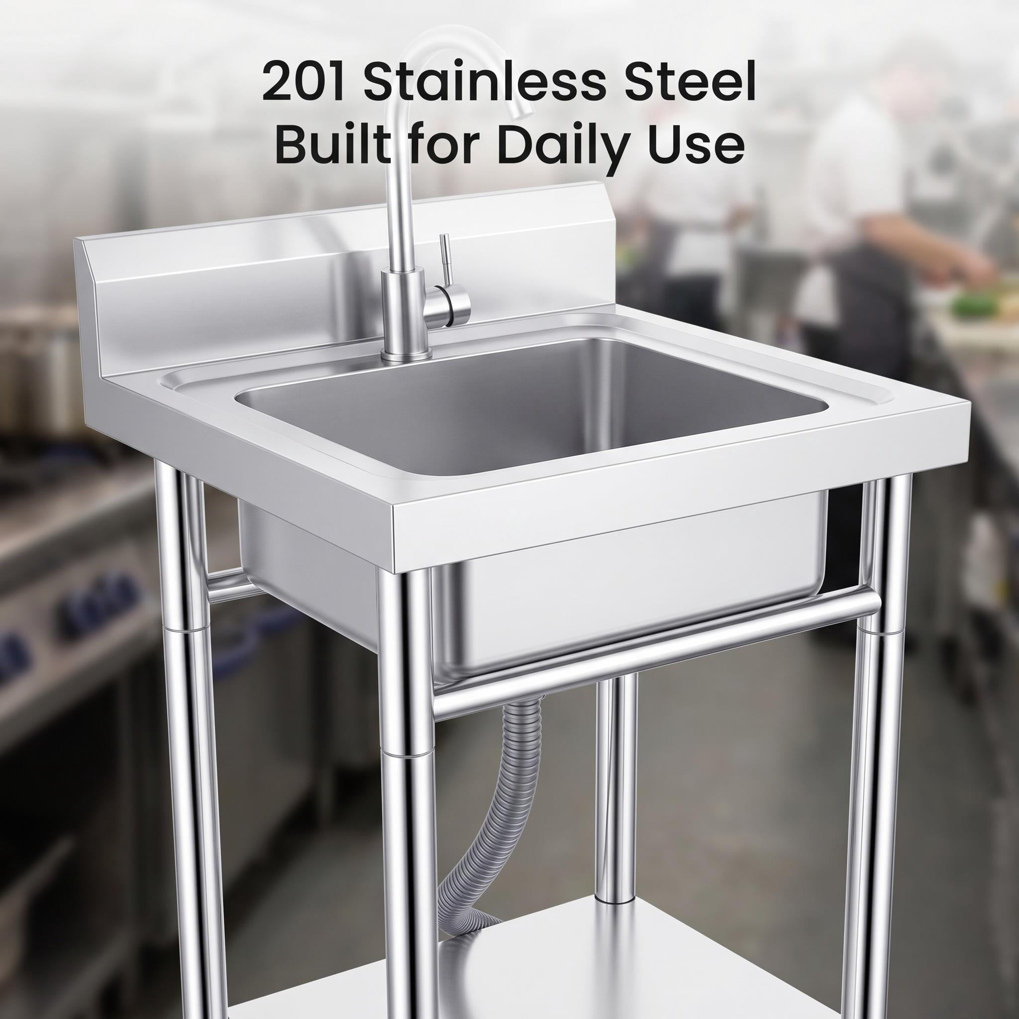 Freestanding Stainless Steel Single Bowl Laundry Sink, Brushed Finish Deep Basin with Backsplash, Hot Cold Water Faucet and Storage Shelf, Heavy Duty for Laundry Room and Garage Use