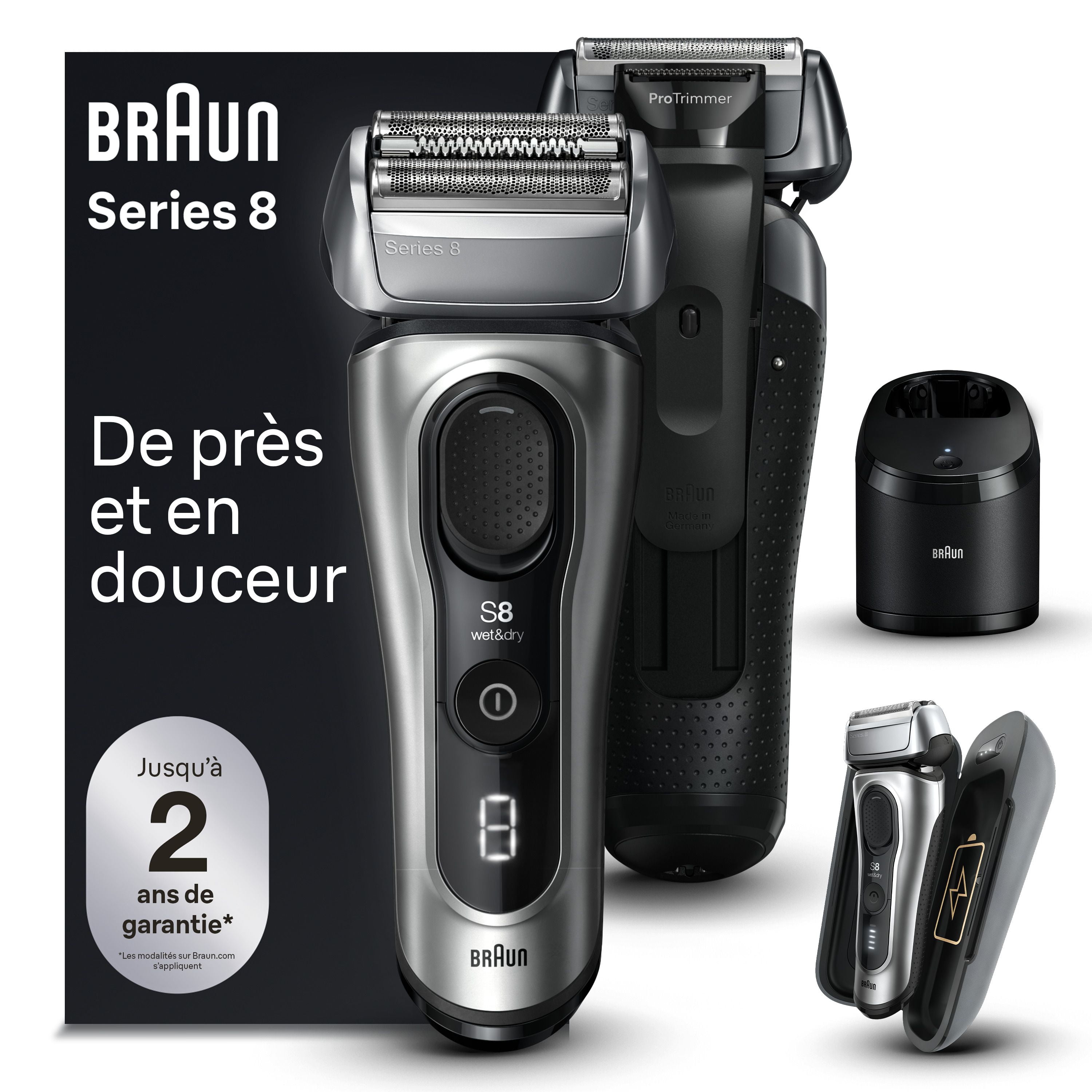 Rasoir électrique Braun Series 8, 4+1 éléments & tondeuse de précision pour poils longs, centre SmartCare 5 en 1, de près & en douceur même sur les barbes denses, étui pour chargement mobile, peau sèc