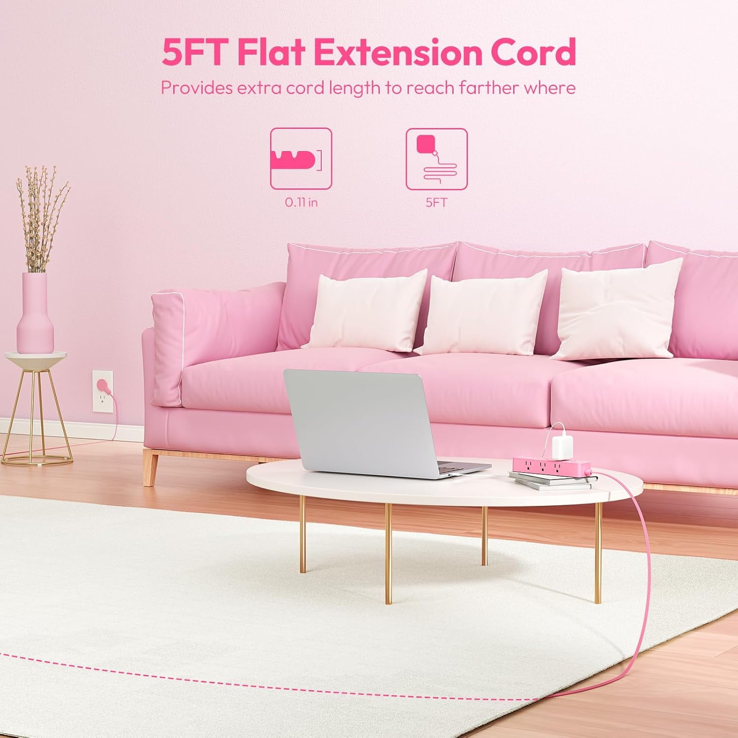 OPVM-Pink Power Strip, Surge Protector Power Strip, Cute Pink Extension Cord 5FT, 9 Outlets 3 USB (1 USB C), Mounted, 1080J, Multiple Outlets for Home Office, Kawaii, Desk Accessories, Women