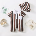 thumbnail image 2 of Kucnuzki Newborn Baby Boy Clothes 0 Months Spring Summer Jumpsuit Bodysuit 3 Months Short Sleeve Pinestripe Prints Button-Up Collar Overall Jumpsuit Hat 2PCS Set Brown, 2 of 8