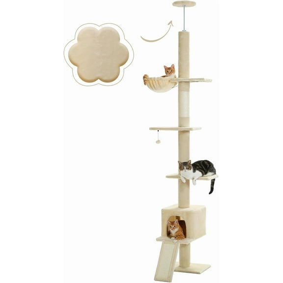 QRKD Floor to Ceiling Cat Tree, Cat Tower 5 Tiers Tall (83-108 Inches) Adjustable Height, Cat Climbing Tree Featuring with Condo, Scratching Post and Perches for Indoor Cats, Flower Beige