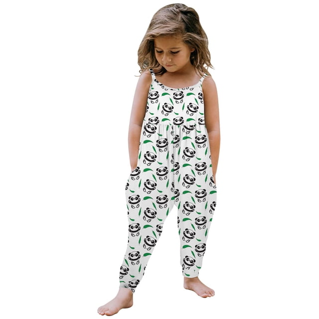 Toddler Baby Girl Jumpsuits Summer Printing Strap Romper Pants With Pockets