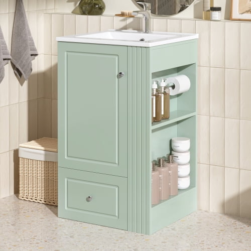 green 20" Freestanding Bathroom Vanity with Ceramic Sink, Single Faucet Hole, MDF Storage Cabinet with Soft-Close Drawer, Open Side Shelves with Pinewood Towel Bar
