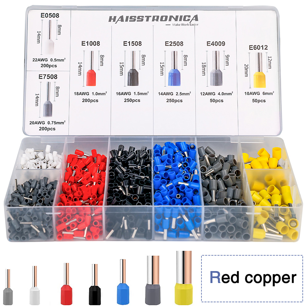Ferrule Crimping Tool Kit,Haisstronica Self-Adjusting Hexagonal Wire Crimper Plier for AWG 23-10 with 1200PCS Red Copper Wire End Terminals,Ratchet Wire Crimping Tool-Wire End Ferrules