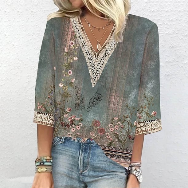 ICHUANYI Clearance Womens Spring And Summer Casual V-Neck Lace T-shirt Printed Short Sleeved Top(Army Green, M) ICHUANYI WER2023081403374