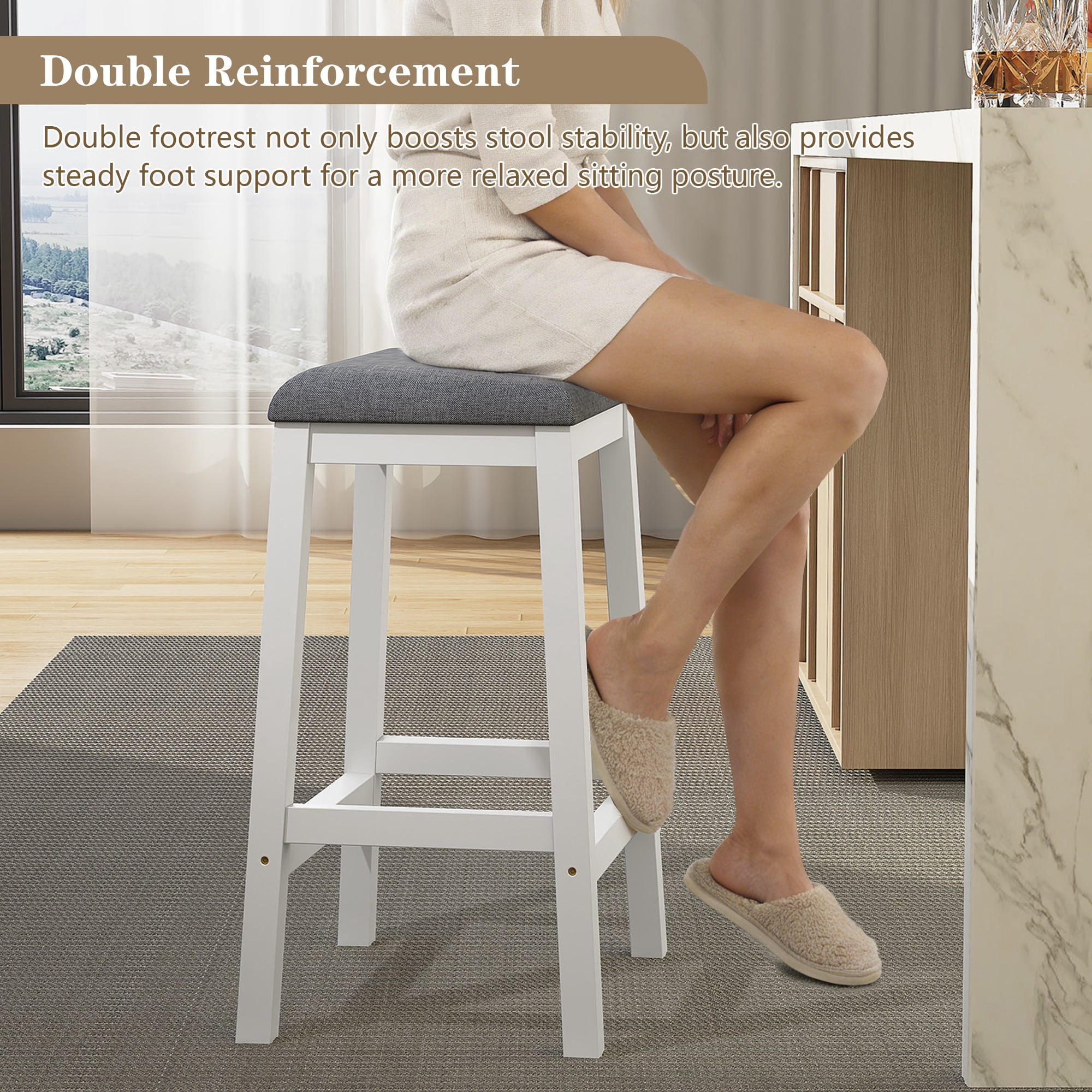 HLR 24.8" Bar Stools, Farmhouse Set of 2 Bar Chairs with Cushion for Kitchen, Dining Room, Cafe White