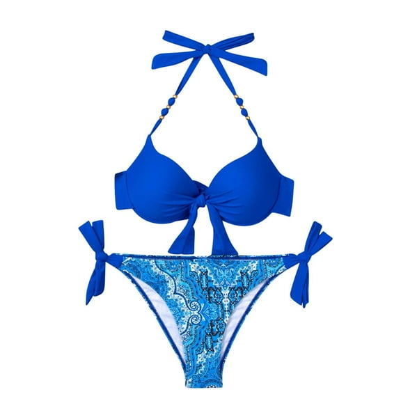 Uaswgudfs Women's Bow-Detailed Bikini Swimsuit Set with Patterned Bottoms and Quick-Drying Material - Adjustable Straps Blue L