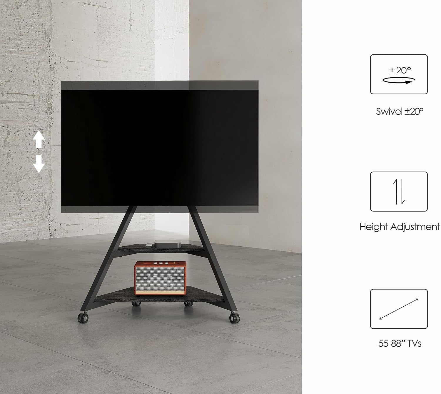 FITUEYES Eiffel Series Corner TV Stand for 55–88 Inch TVs, Black, Storage Shelf