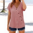 thumbnail image 2 of GUACER Gingham Button-Down Blouse for Women V Neck Asymmetrical Wrap Short Sleeve Tops Casual Loose Plaid Shirts, 2 of 8
