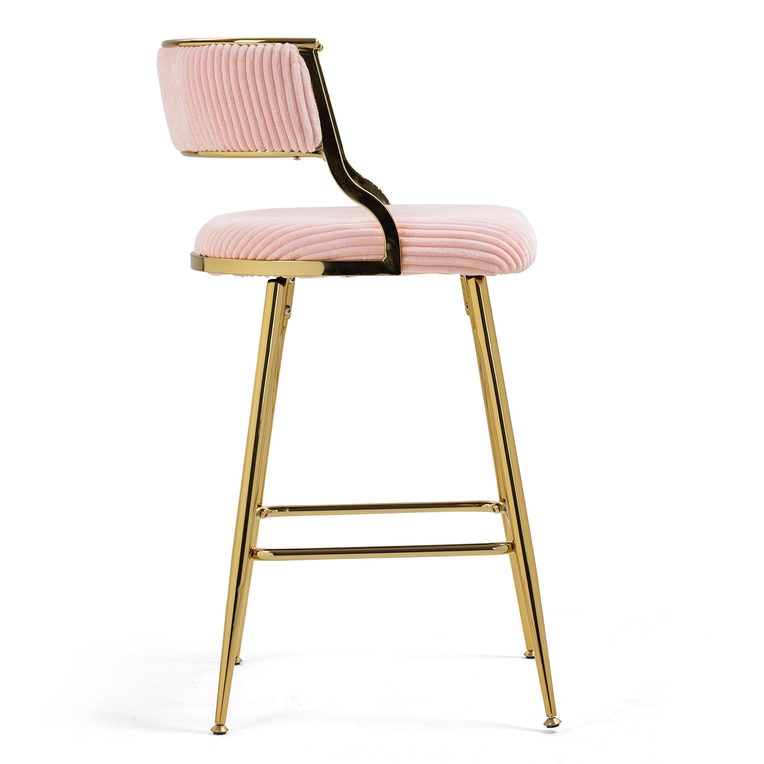 Peispie 25" Counter Height Bar Stools Set of 2, Modern Corduroy Barstools with Low Back and Gold Metal Legs, Padded Kitchen Island Chairs with Footrest for Home Bar, Pink