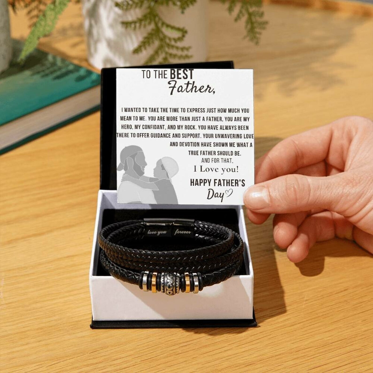 Father's Day Gift for Special Dad, Gift for Best Father, Personalized Vegan Leather Engraved Bracelet for Men in Gift Box with Heart Touching Message Card, Gift for Him
