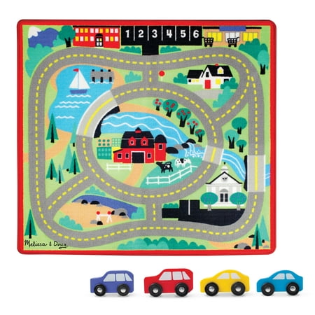 Melissa & Doug Round the Town Road Rug and Car Activity Play Set With 4 Wooden Cars (39 x 36 inches)