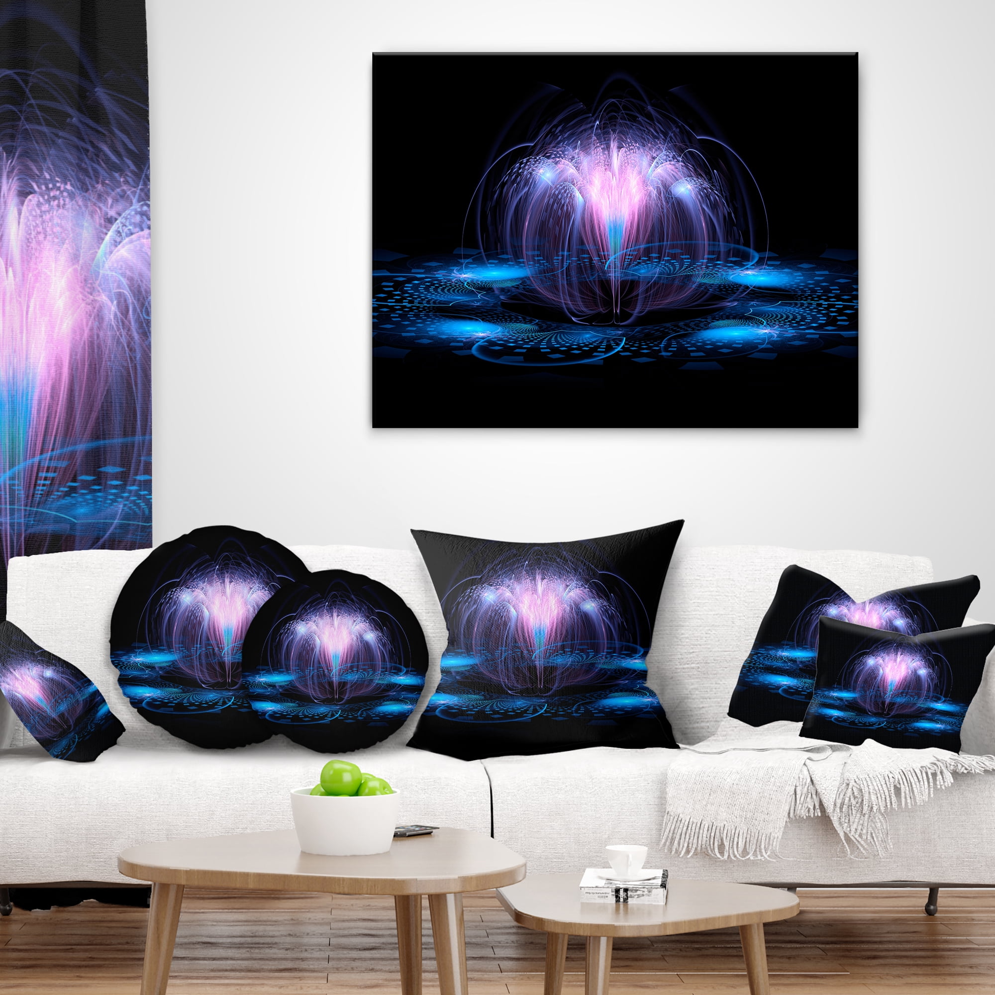 Designart Fractal Blue Flowing Flower - Floral Throw Pillow - 16x16