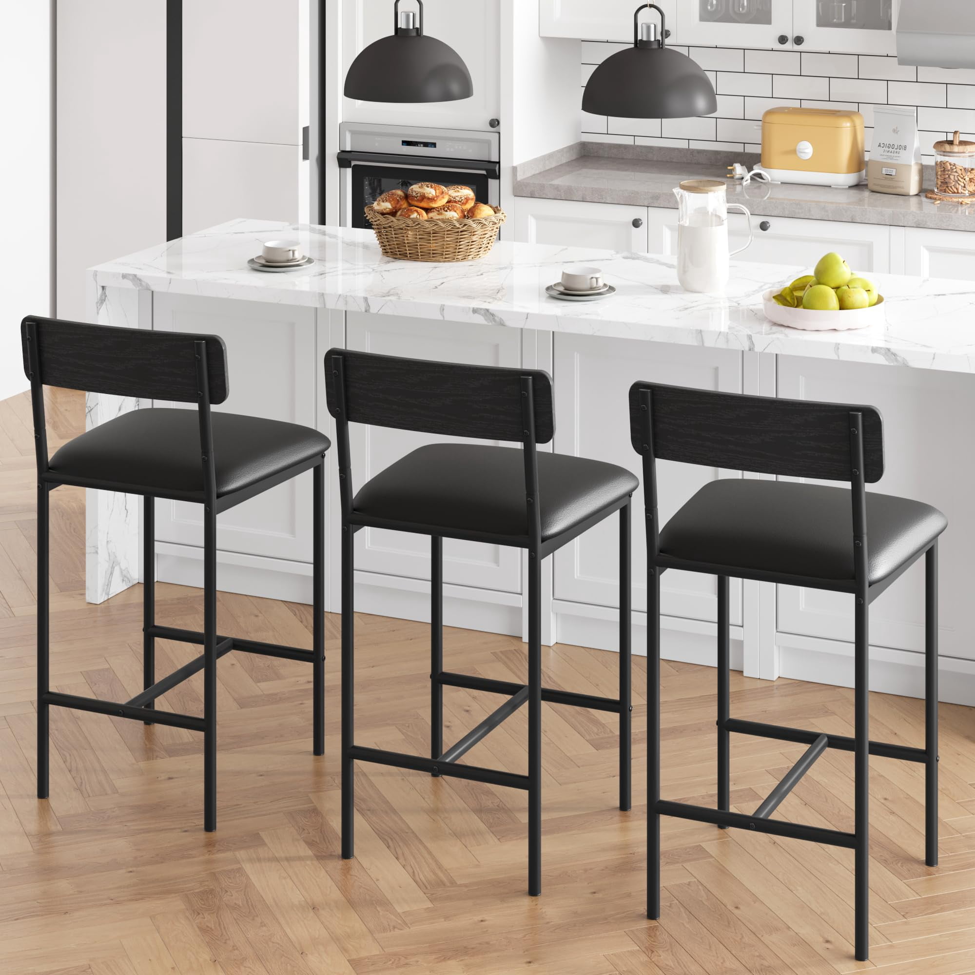 Bar Stools Set of 2,Kitchen Bar Stools with Footrest,25.5 Inches Upholstered Bar Chairs with Back,Counter Height Barstools for Counter Bar,Island,Easy Assembly