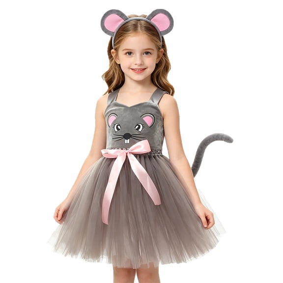 LIIPEE Girls Summer Outfits 3 Piece Set Kids Cartoon Dress Up Fashion Graphic Mesh Dresses Tail And Headband Cute Comfortable Halloween Party Performance Wear,6-7 Years