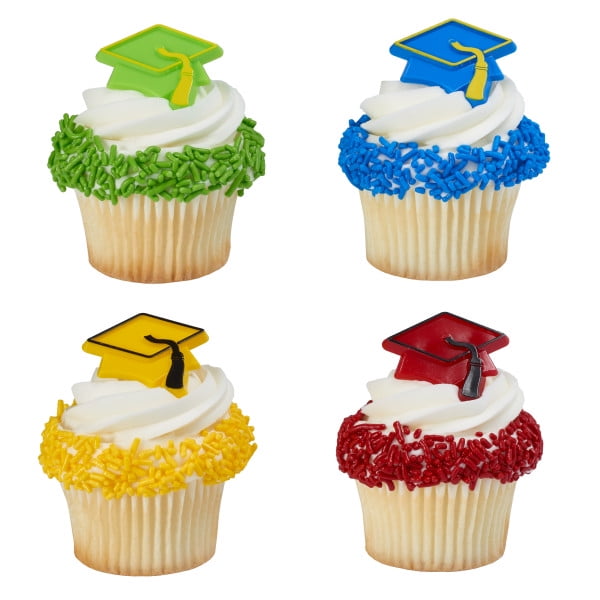 Blue, Red, Yellow, Green Graduation Cap Hat Cupcake Rings 24 Count