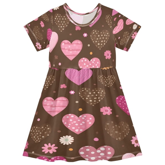Girls Short Sleeve A-Line Dress Pink and Brown Hearts Pattern Play Dress Sizes 2T