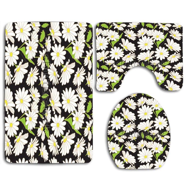 CHAPLLE Cute White Daisy 3 Piece Bathroom Rugs Set Bath Rug Contour Mat