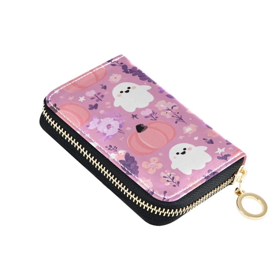 PU Leather Zip Card Holder Women's Card Case Zipper Card Case Compact & Lightweight Pink Pastel Cute Halloween Pattern