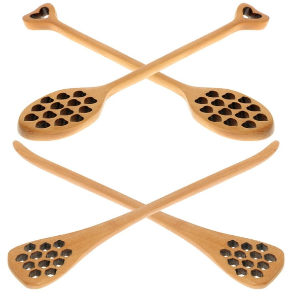 Set of 4 Wooden Honey Stirring Spoons with Heart & Drop Shapes, Hollow Carved Honeycomb Design Mixing Sticks for Honey