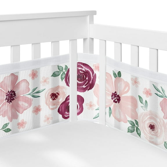 Sweet Jojo Designs   BreathableBaby Watercolor Floral Burgundy Wine and Pink Girl Breathable Mesh Crib Liner