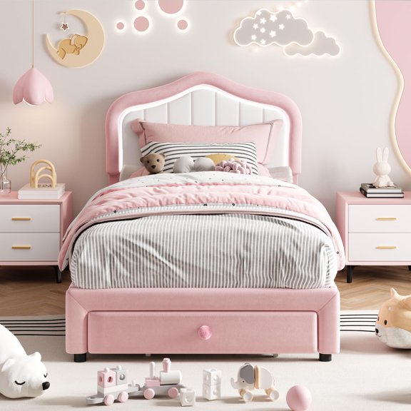 Gaderth Twin Upholstered Bed Frame with Smart Led Headboard and Storage Drawer, Cute Velvet Platform Bed Frame with Headboard, No Box Spring Needed, Easy Assembly