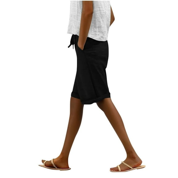 YABCSAZ Shorts for Women Cotton Linen Summer Casual Loose Athletic Pants with Pockets, Solid Color Capri Elastic Waisted Drawstring Shorts Pants for Workout Hiking Jogging