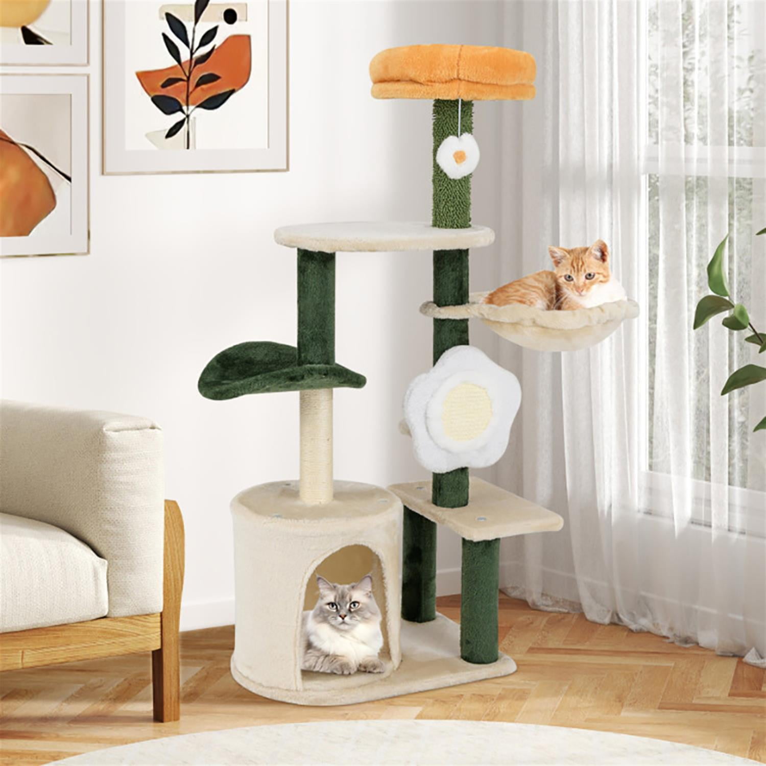 Kadyn 71" Cat Tree Tower with Hammock for Indoor Cats, Cute Flower Cat Tree House with Scratching Posts and Dangling Ball, Beige